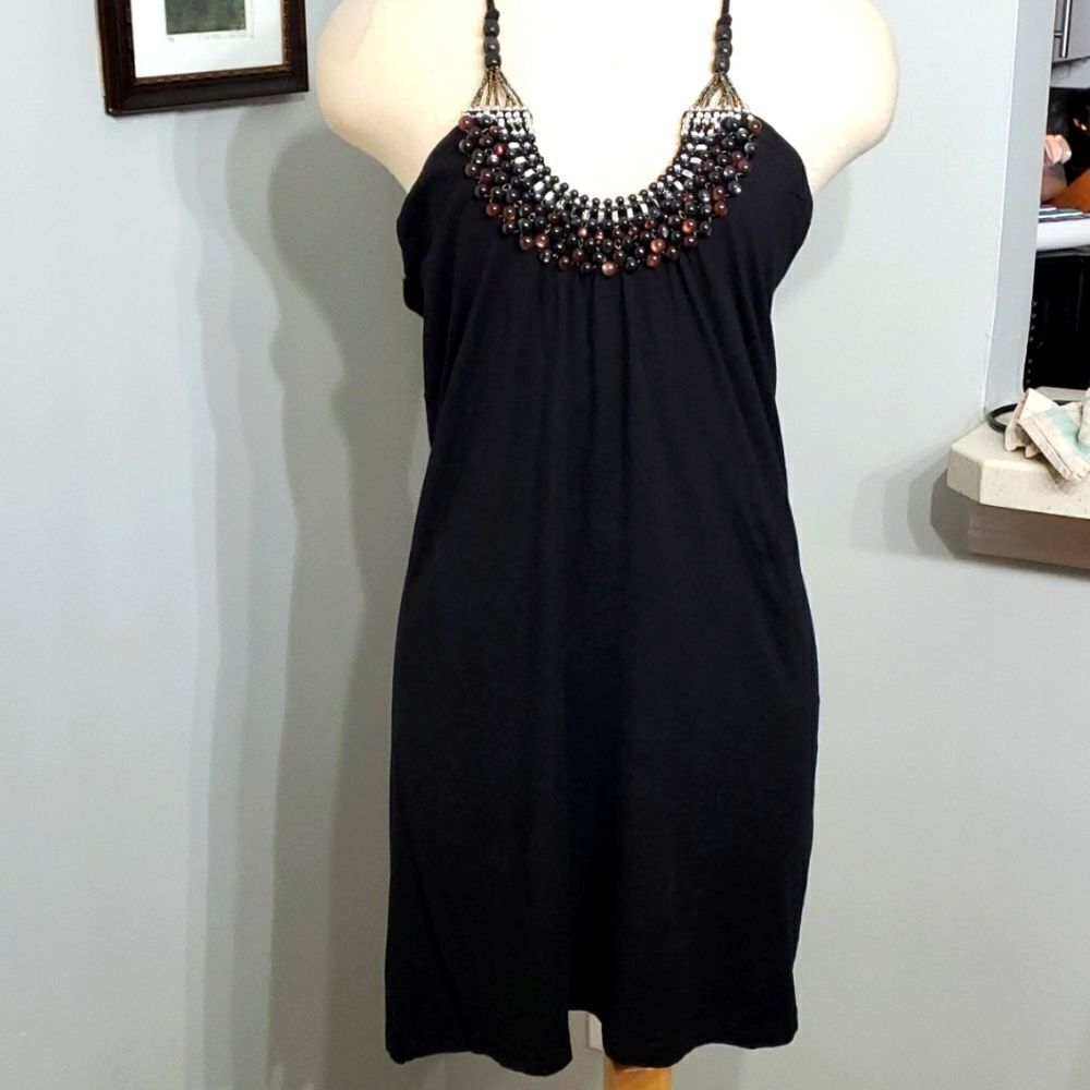 Cute sexy black dress, goth tie,‎ beaded. AMERICAN RAG CIE, LARGE.